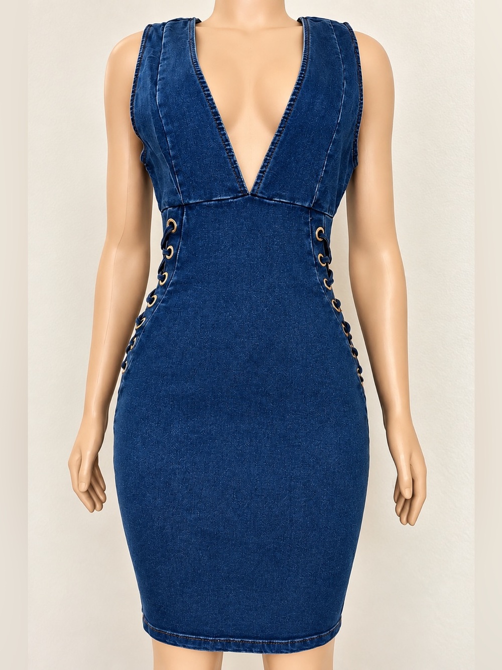 Y2K Dark Wash Denim Lace-Up Bodycon Midi Dress Large